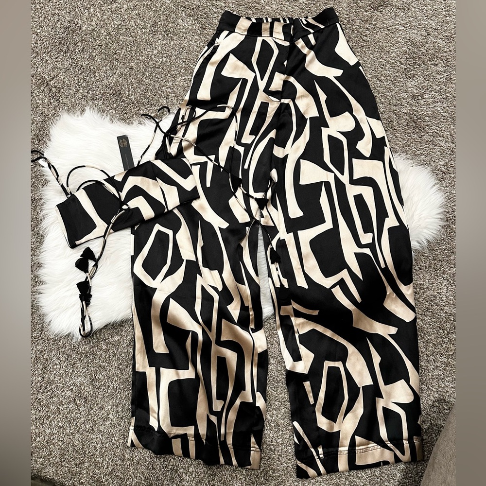 House of Harlow Satin Crop and Wide Leg Pants Set